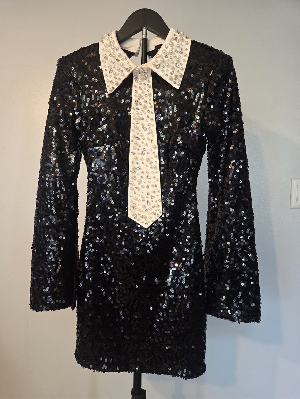Fashion Nova Black Sequin Mini Dress with Embellished White Collar and Tie